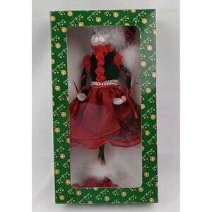 Vintage Dillards Trimmings Porcelain Cat in Red Green Santa Christmas Dress 12"